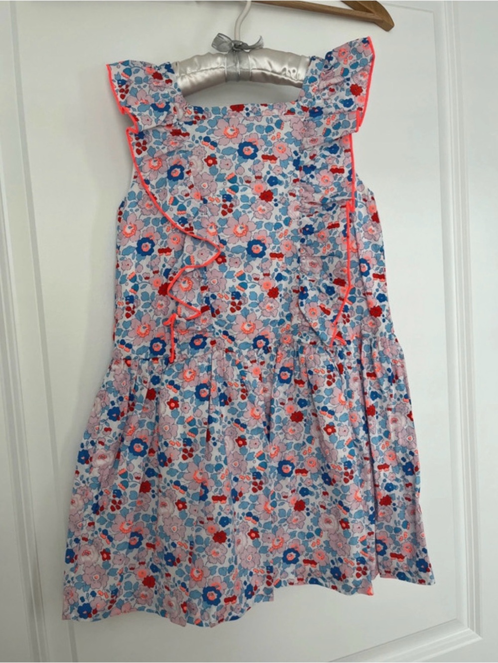 Jacadi Floral Ruffle Sundress - Pink, Blue & Coral Trim